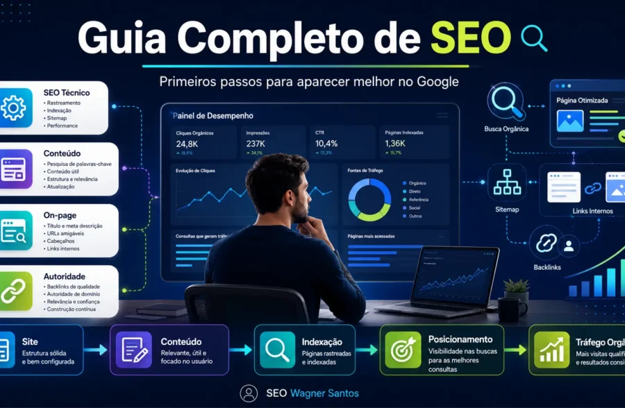 Imagem editorial mostrando os fundamentos de SEO para iniciantes, incluindo conteúdo, indexação, SEO técnico, links e tráfego orgânico.