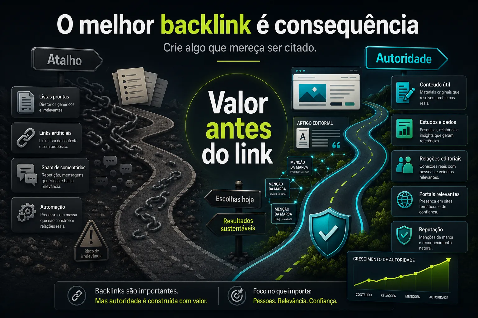 Imagem conceitual mostrando que backlinks grátis devem ser consequência de conteúdo útil, relacionamento editorial e autoridade, não de atalhos ou spam.