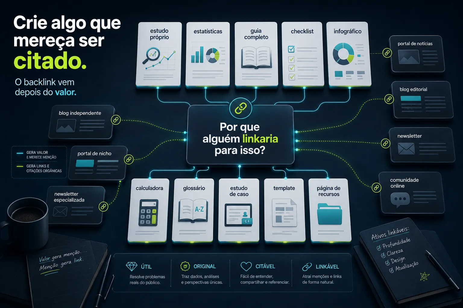 Imagem mostrando ativos linkáveis como estudos, guias, checklists, infográficos e ferramentas que podem atrair backlinks gratuitos.