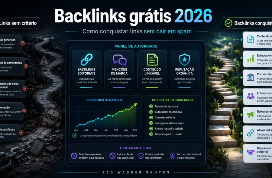 Imagem editorial sobre backlinks grátis em 2026, comparando links sem critério com backlinks conquistados por conteúdo útil, menções e reputação.