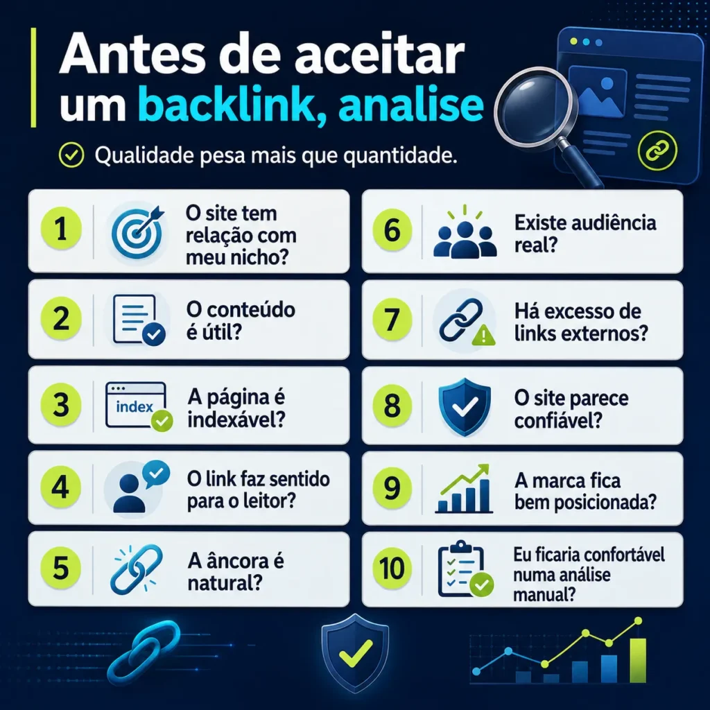 Checklist visual para avaliar se um backlink gratuito é relevante, natural, confiável e seguro para SEO.