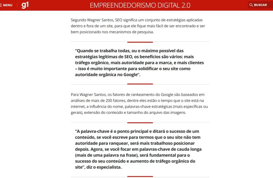 menção no G1 a Wagner Santos