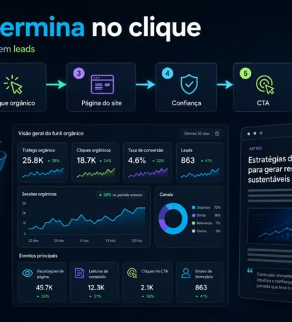 Imagem editorial mostrando funil de SEO com busca orgânica, clique, página, CTA, confiança e geração de leads.