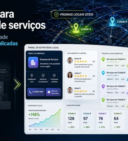Imagem editorial sobre SEO local para empresas de serviços, com mapa urbano, páginas locais, avaliações, links internos e geração de leads.