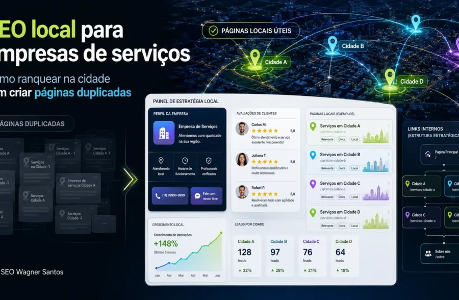 Imagem editorial sobre SEO local para empresas de serviços, com mapa urbano, páginas locais, avaliações, links internos e geração de leads.