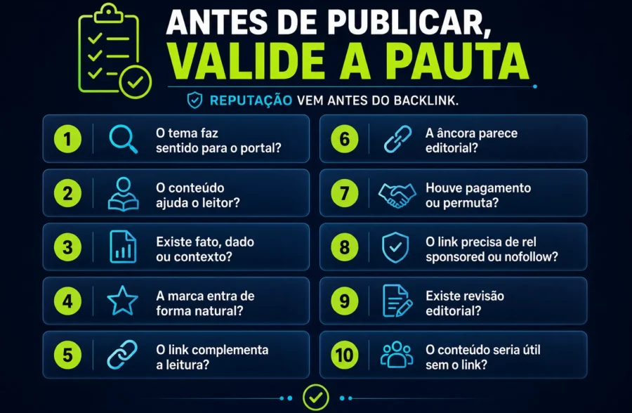 Checklist visual para validar publieditoriais, releases e conteúdo patrocinado antes da publicação com foco em SEO editorial.