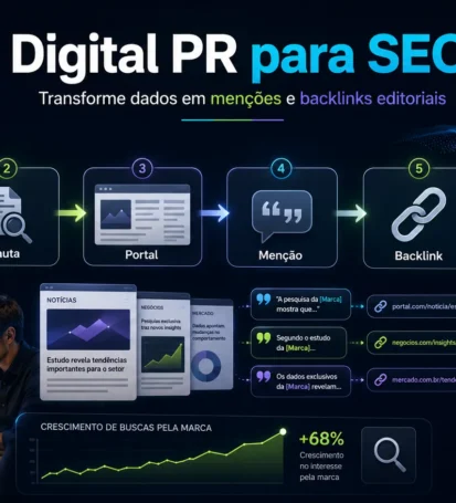 Imagem editorial mostrando o fluxo de Digital PR para SEO, com dados próprios se transformando em pautas, menções, backlinks e autoridade orgânica.