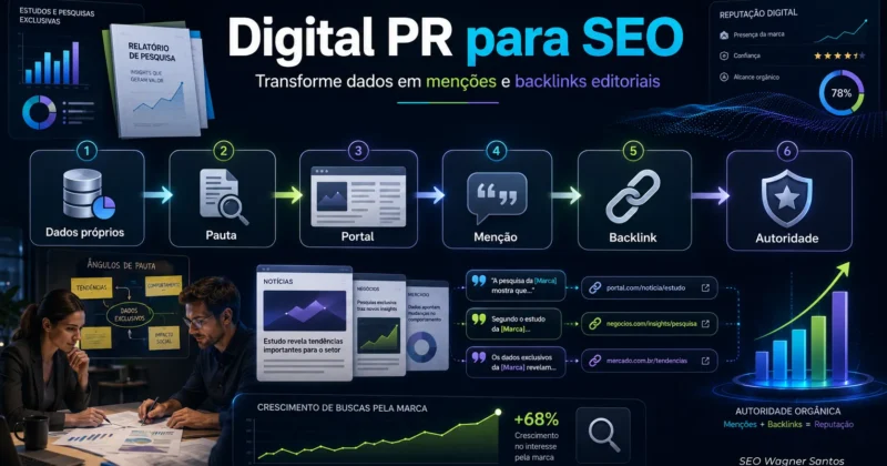 Imagem editorial mostrando o fluxo de Digital PR para SEO, com dados próprios se transformando em pautas, menções, backlinks e autoridade orgânica.