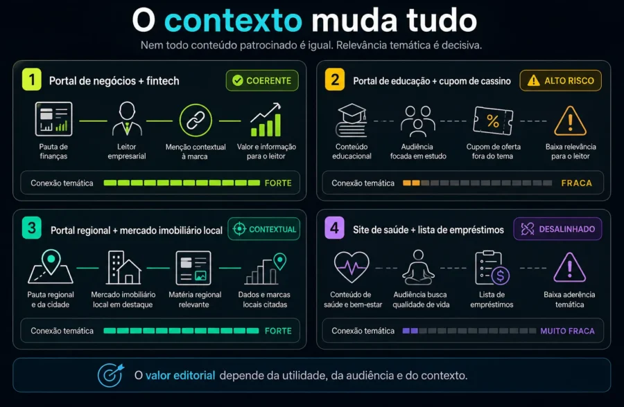Painel com exemplos de conteúdo patrocinado coerente e arriscado em diferentes tipos de portais e nichos.