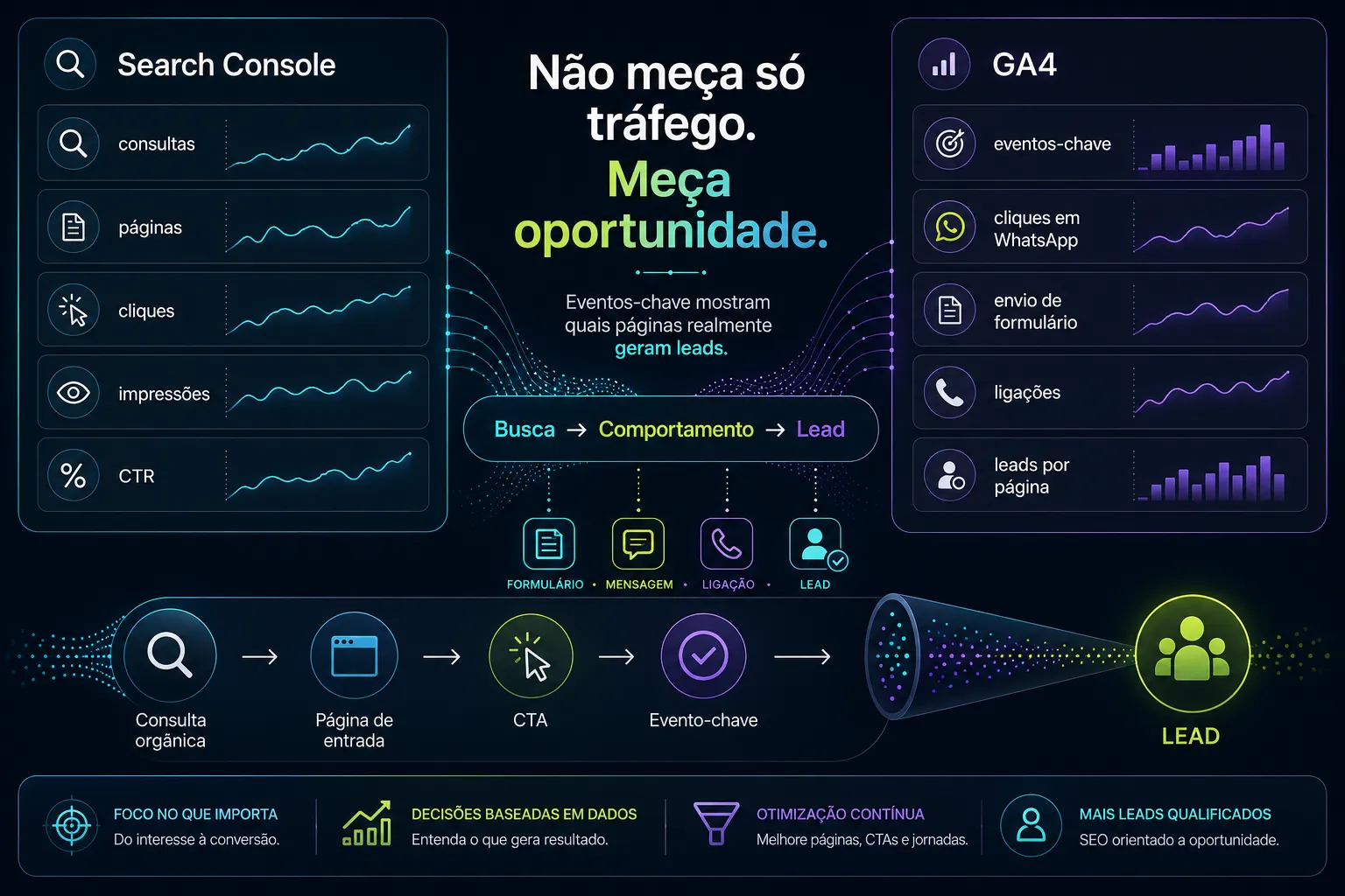 Imagem técnica mostrando como Search Console e GA4 ajudam a medir consultas, cliques, eventos-chave e leads orgânicos.