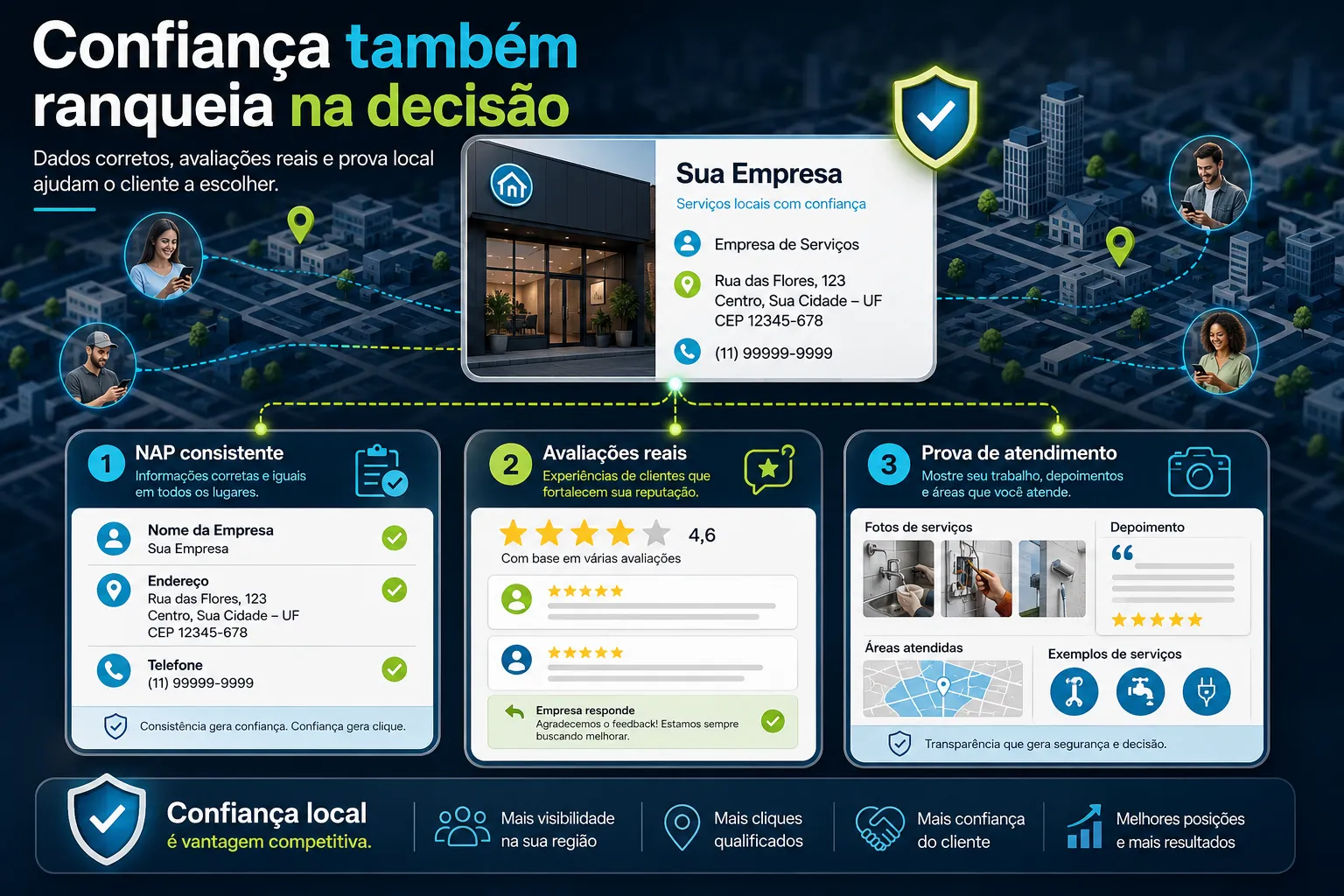 Imagem sobre confiança local em SEO, mostrando NAP consistente, avaliações reais, provas de atendimento e reputação da empresa.