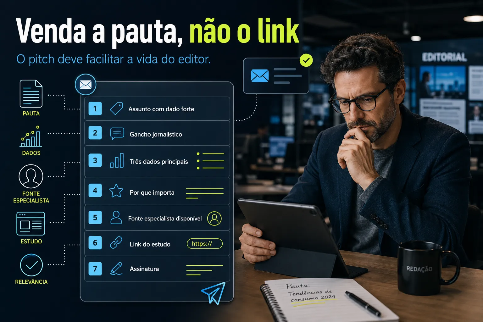 Imagem mostrando a estrutura de um pitch editorial de Digital PR com assunto, gancho, dados principais, fonte especialista e link do estudo.