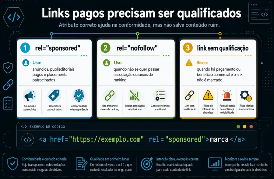 Infográfico técnico mostrando quando usar rel sponsored e rel nofollow em links pagos de publieditoriais e conteúdo patrocinado.