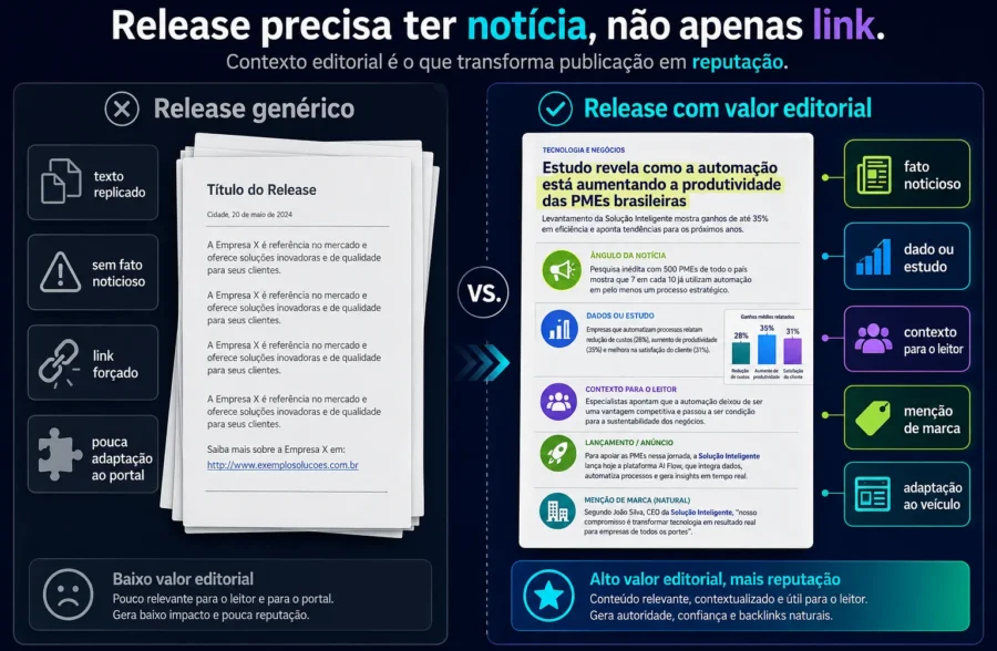 Comparação visual entre release genérico focado em link e release legítimo com notícia, contexto e valor editorial.