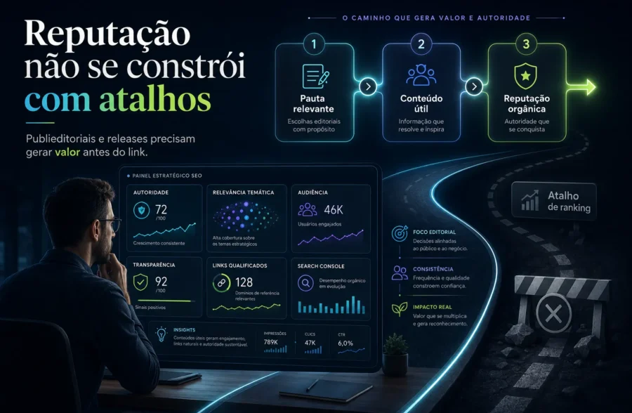 Imagem conceitual mostrando que publieditoriais e releases devem construir reputação orgânica em vez de usar atalhos de ranking.